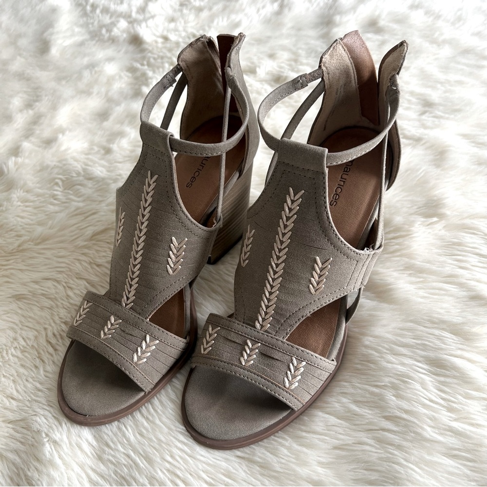 Taupe Embroidered Design Strappy Block Heals